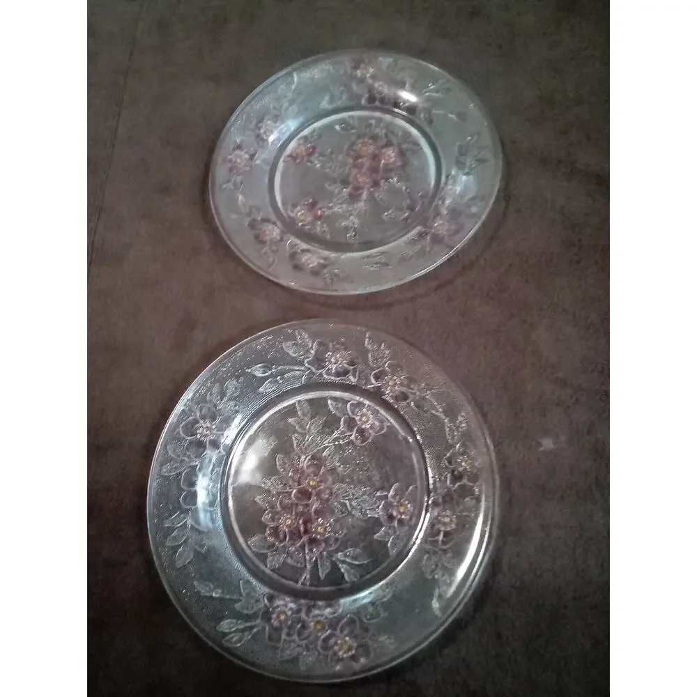 Vtg Rerverse Pressed Glass Plates~CLEAR with colored Flowers 8 1/4